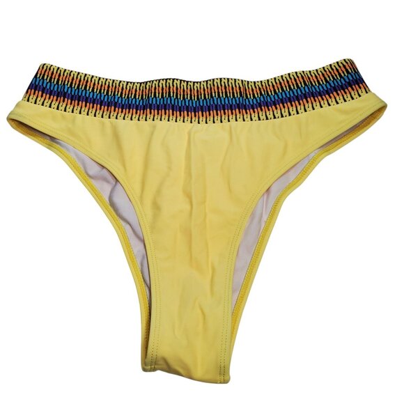 Shein Women's Yellow Tribal Print High‎ Waisted High Cut Leg Bikini Bottoms L - Picture 1 of 3